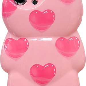 Case for iPhone 16 Cute Kawaii 3D Cartoon Pink Heart Bear Soft Silicone Bumper Shockproof Cover Protective Case for Kids Girls