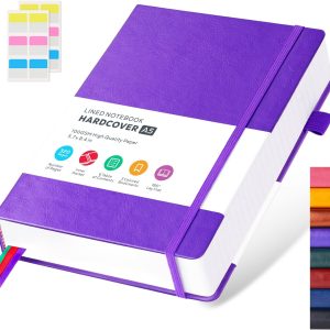 FOCUS DAY Lined Journal Notebook, 320 Pages Leather Hardcover Thick A5 College Ruled Thick Classic with Pen Loop, for Writing Women Men Office Work, 5.7” X 8.4”, Pearlescent Purple