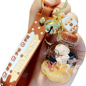 YOU WIZV Kawaii Bear Boba Keychain – Cute Liquid Water Charm for Backpacks, Adorable Gift for Women Boy Girls