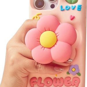 Cute 3D Flower Phone Case for iPhone 14 Pro – Retractable Stand & Grip with Floral Design – Girly Aesthetic Kawaii Soft Silicone Phone Cover for Women, Girls, Kids and Teens, Pink