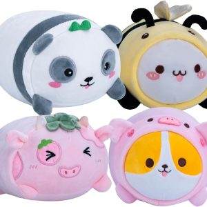 AIXINI 5 in 1 Plush Pillow Toys Set – Pink Salamander, Keji Pig, Bee, Strawberry, Panda, Cute Stuffed Animals Pillows for Kids, Soft Cartoon Bedroom Decor Gifts (Five-in-one, Medium Size)