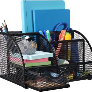 Comix Mesh Pen Pencil Holder Desk Organizer, 7 Compartment Wire Desktop Pen Pencil Cup Caddy Office Supplies for Home Office School, Black