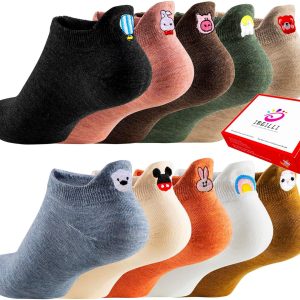 IBEILLI Women Cute Socks 10 Pairs Cotton Kawaii Embroidered Funny Low Cut Ankle Socks for Women Girls