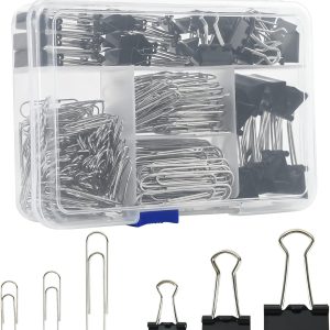 Assorted Size Binder Clips & Jumbo Paper Clips Set – 340pcs Black, Large for Office & School Supplies, in Container with Compartments