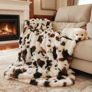 Cow Print Faux Fur Throw Blanket for Couch – 1000GSM Soft & Fluffy Cow Blanket for Bed, Sofa & Living Room, Warm Cozy Cow Gift for Women, 50×60 Inches Black to White Ombre with Brown Undertones