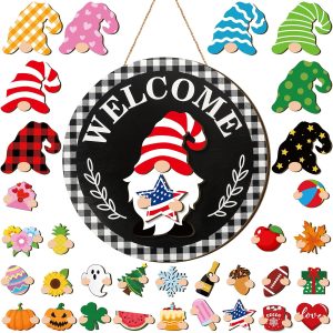 Qunclay 33 Pcs Stylish Interchangeable Wooden Gnome Door Hanger Holiday Seasonal Gnome Decorations with Magnet Pieces and Detachable Hats Changeable Welcome Sign for Home (Black)