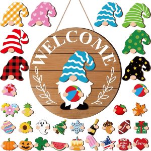 Qunclay 33 Pcs Simple Interchangeable Wooden Gnome Door Hanger Holiday Seasonal Gnome Decorations with Magnet Pieces and Detachable Hats Changeable Welcome Sign for Home (Brown)