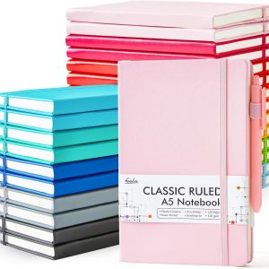 feela 24 Pack Journal Notebook Bulk for Work, Business Notebook Hardcover Lined Writing Journal with Pen Holder for Students Women Note Taking, with 24 Black Pens, 120 GSM, 5.1”x8.3”, A5, Solid Colors
