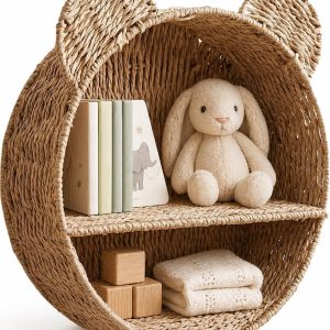 Woven Wall Basket Shelf Bear Nursery Decor — Boho Handwoven Hanging Wall Decor for Kids Room, Paper Rope Stuffed Animal Organizer, Baby Nursery Floating Shelf