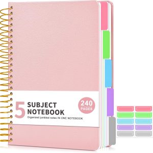 5 Subject Notebook College Ruled 240 Pages, A5(5.8″x8.3″) Hardcover Spiral Notebook with Removable Pocket Dividers Tabs, Lined Spiral Journal Notebook for Women, Notebooks for Work School Note taking Pink