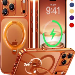 CASEKOO Glossy 360 Spin Magnetic Stand for iPhone 17 Pro Max Case [Fit for MagSafe][17FT Military Protection] Slim Hand-Polished Frame Titanium Alloy Sturdy Stand 6.9″, Glossy Cosmic Orange