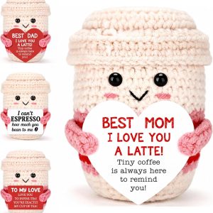 Gifts for Women Men Her Him Mom Dad, Crochet Coffee Mug with Personalized Positive Card, Funny Emotional Handmade Crochet Coffee Cup Plush, Cute Tea Cup Gifts for Girls Boys Wife Husband Coffee Lover