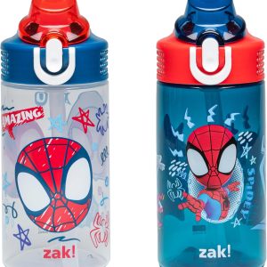 Zak Designs Marvel Spider-Man Sage Kids Water Bottle For School or Travel, 16oz Durable Plastic Water Bottle With Straw, Handle, and Leak-Proof Spout Cover, 2-Pack (Spidey and His Amazing Friends)