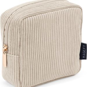 MAGEFY Small Makeup Bag for Purse Mini Cosmetics Bag Corduroy Cute Cosmetic Pouch for Women with Slip-in Pockets