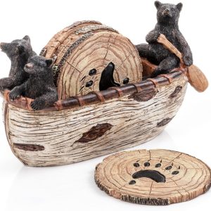 Cabin Obsession Bear Coasters – Set of 6 Full Size Rustic Coasters in Handmade Canoe with Adorable Black Bear Figurines – Log Cabin Decorations, Rustic Lodge Decor for The Home