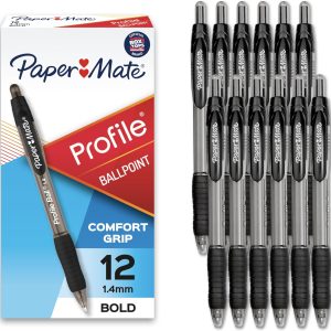 Paper Mate Profile Retractable Ballpoint Pens, Bold Point (1.4mm), Black Ink, 12 Count – Writing, Journaling, Office Supplies