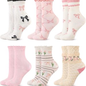 Glitopper 6 Coquette Bow Socks Women Cute Ruffle Ankle Mid Tube Flower Sock Lace Cottagecore Girly Coquette Aesthetic Clothes