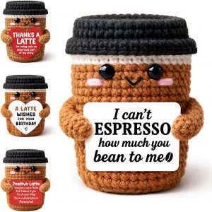 Gifts for Women Men Her Him Mom Dad, Crochet Coffee Mug with Personalized Positive Card, Funny Emotional Handmade Crochet Coffee Cup Plush, Cute Tea Cup Gifts for Girls Boys Wife Husband Coffee Lover