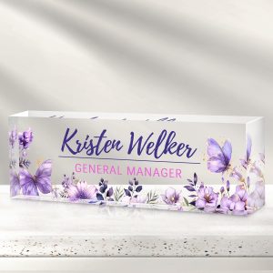 Desk Name Plate Personalized, Custom Name Plate for Desk, Personalized Teacher Appreciation Gifts for Desk Decor, Office Gifts for Coworkers Employees Boss, Teacher, Social Worker (Purple Butterfly)