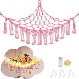 CERETIA Stuffed Animal Hammock with LED Light, Large Stuffed Animals Storage Corner Plushie Net for Kids Room Decor, Pink