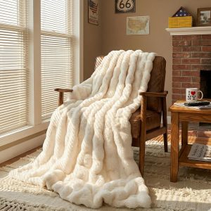 Luxury Double-Sided 3D Bubble Faux Fur Throw Blanket – Ultra Plush & Fluffy Cream White Cozy Blanket for Couch, Sofa & Bed | Soft Gift for Women, Birthday, Housewarming, 50″ x 60″