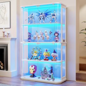 BROTTAR Large Rounded Display Cabinet with Glass Door, 4-Tier Curio Cabinet with 3 Color Lights for Collectibles, Glass Display Case with Transparent Full-Display Surface, Human Body Sensor, White