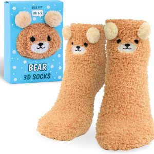 POPCRAZE Cute Bear Socks with 3D Bear – Soft Fuzzy Animal Unisex Crew Socks – Warm Plush Cozy Footwear with Ears – Fathers Day Gift Idea Box – Size 5-9 – 1 Pair
