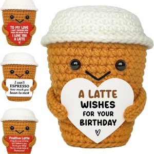 Gifts for Women Men Her Him Mom Dad, Crochet Coffee Mug with Personalized Positive Card, Funny Emotional Handmade Crochet Coffee Cup Plush, Cute Tea Cup Gifts for Girls Boys Wife Husband Coffee Lover