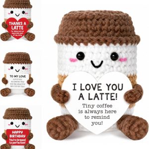 Gifts for Women Men Her Him Mom Dad, Crochet Coffee Mug with Personalized Positive Card, Funny Emotional Handmade Crochet Coffee Cup Plush, Cute Tea Cup Gifts for Girls Boys Wife Husband Coffee Lover