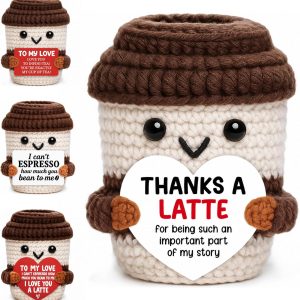 Gifts for Women Men Her Him Mom Dad, Crochet Coffee Mug with Personalized Positive Card, Funny Emotional Handmade Crochet Coffee Cup Plush, Cute Tea Cup Gifts for Girls Boys Wife Husband Coffee Lover