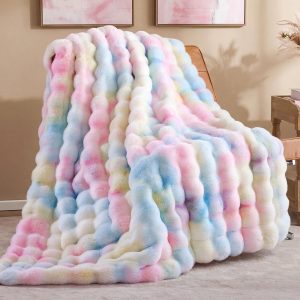 Smoofy Faux Fur Throw Blanket for Couch – Rainbow Super Soft Cozy Bubble Blanket, Fluffy Plush Fuzzy Throw for Sofa & Bed, Thick Lightweight Warm Blanket, Luxury Aesthetic Gift for Women 50″x60″