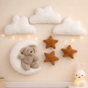 Chumia 7 Pcs Teddy Bear Nursery Wall Decor Boho Nursery Wall Art with Clouds Moon Star Soft Plush Baby Room Decor Gender Neutral for Bedroom Playroom Decoration