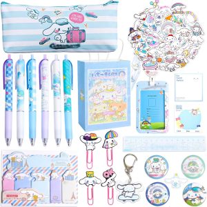 Cute School Supplies, Kawaii Stationery Set with Pencil Case, Ruler, Ball Pens, Stickers, Keychain, ID Badge Holder, Back to School Stationery Gifts for Women, Teen Girls, Animes Lovers, Students