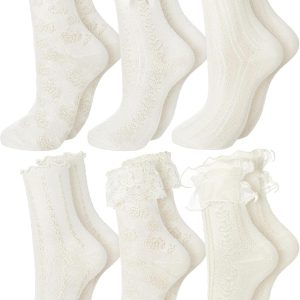 Fourluoo 6 Pairs Ruffle Socks Women Frilly Lace Ankle Socks Cream Lolita Princess Bow Breathable