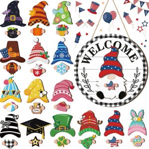 Qunclay 31 Pcs Plaid Interchangeable Wooden Gnome Door Hanger Holiday Seasonal Gnome Decorations with Magnet Pieces and Detachable Hats Changeable Welcome Sign for Home (Black and White)