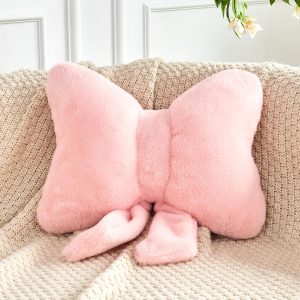 XVTRU Pink Bow Pillow, Soft Bow Decorative Pillows with Faux Rabbit Fur, Cute 12″ Bow Throw Pillows, Aesthetic Home Decor Bow Shaped Plush Pillow for Bedroom Sofa Couch