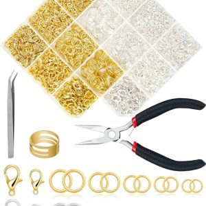 FIVEIZERO 2400PCS Jump Rings Kit for Jewelry Making Supplies & Necklace Repair with Silver & Gold Jump Rings, Lobster Clasps, Pliers, Tweezer & Opener, Jewelry Repair Kit for Earrings and Charms ﻿