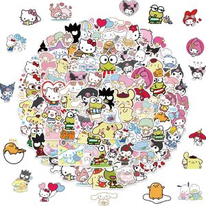 100pcs Sanrio Cartoon Stickers, Kawaii Hello Kitty Kuromi Mymelody Waterproof Vinyl Decal for Teen Kids Girl Adult Laptop, Travel Case, Phone, Bike, Water Bottle, Guitar, Computer, Skateboard