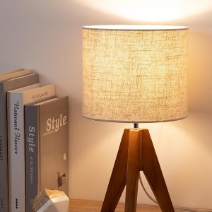 EDISHINE Tripod Table Lamp, Small Cute Bedside Lamp with Linen Beige Lampshade, Nightstand Lamp for Nursery, Bedroom, Kid Room, Living Room, Light Brown Wooden Base, E26 Socket, 14.2 Inch