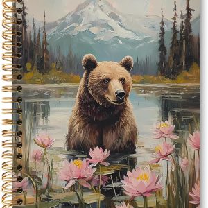 huester Vintage Nature Bear Notebook Journal, Nature Journal for Kids Farmhouse Rustic Retro Lotus Floral Mountain Landscape Journal Notebooks for Note Taking, Bear Gifts Hardcover Paper Spiral Notebook, 5.5×8.3 Inch