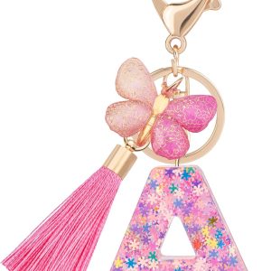 Suweibuke Cute Pink Key Chains for Women Girls, Initial Letter Keychains with Tassel, Charms for Key Purse Handbags Backpacks