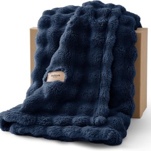 Bedsure 3D Fleece Bubble Blanket for Couch – GentleSoft Blue Throw Blanket for Sofa Bed Room Decor – Luxury Soft Cozy Gifts for Women Girls, Lightweight, All Seasons, Navy Blue, 50″×60″