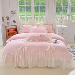 SOUKECHY Chic Lace Bedding,Girls Twin Aesthetic Comforter Cover Set,Romantic French Princess Style Ruffled Duvet Cover with Lovely Bow with Zipper Closure-Pink,Twin Size
