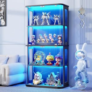 BROTTAR Rounded Display Cabinet with Glass Door, 4-Tier Curio Cabinet with Transparent Full-Display Surface for Collectibles, Glass Display Case with 3 Color Lights, Human Body Sensor, Black