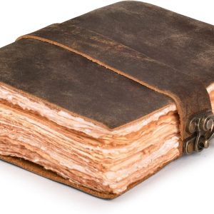 LEATHER VILLAGE Leather Bound Vintage Journal for Women & Men – Book of Shadows – Lock Closure – 200 Pages of Antique Deckle Edges Handmade Watercolor Paper – Rustic Brown – 7X5 inches