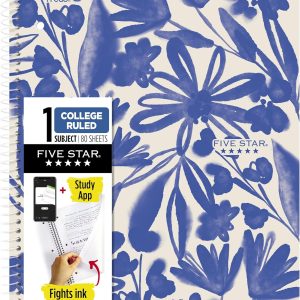 Five Star Spiral Notebook + Study App, 1 Subject, College Ruled Paper, 8-1/2″ x 11″, 80 Sheets, Fights Ink Bleed, Water Resistant Cover, Soft Petals Blue (820441F-ECM)