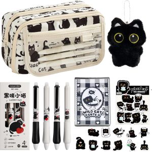 Cute Cat Black Pencil Case Set with Cat Plush Keychian,Gel Pens, Stickers, Mini Notebook, Kawaii Style Gift. (Cat-01)