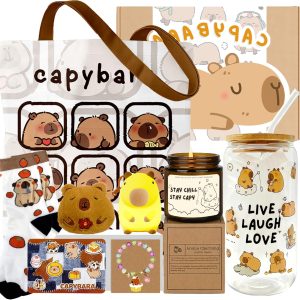 Capybara Gifts Basket Set, Capybara Stuff Kawaii Self-Care Kit with Glass Tumbler, Tote Bag, Coin Purse, Bracelet, Socks and Candle, Capybara Birthday Gifts for Women, Capybara Lovers