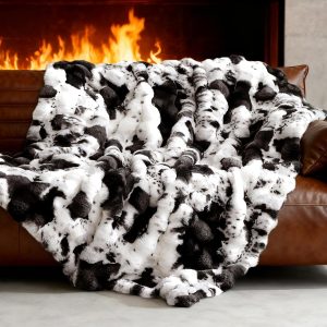 VFROO Ultra Plush Bubble Faux Rabbit Fur Blanket – 950GSM Thick Fluffy Throw Blanket for Bed, Couch, Sofa, Home Decor or Mothers Day Birthday Gifts for Women, 50″ × 60″, Black Cow