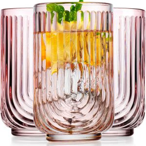 Glaver’s Vintage Glassware Art Deco Glasses Ribbed Drinking Glasses U-Shape Arch Design Colored Cocktail Kitchen Tumblers Everyday Dinner Decorative Party (Pink S/4 17oz)